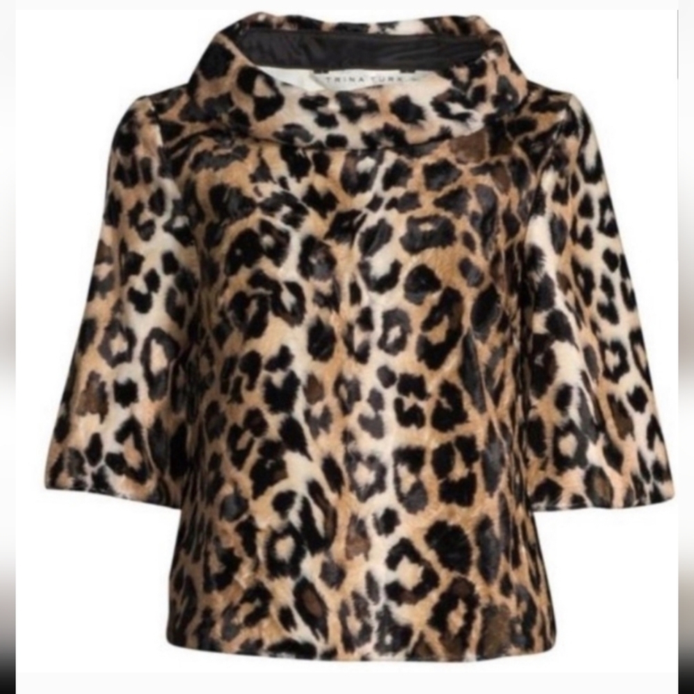 Trina Turk Kailee Faux Fur Leopard Animal Print Boxy Fit Short Sleeve Top(XS)